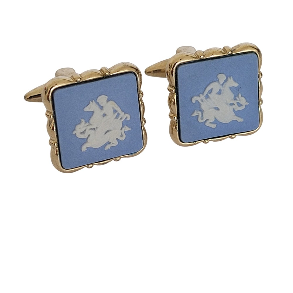 Wedgwood Jasperware Blue St George Dragon Cufflinks Gold Tone Made in England